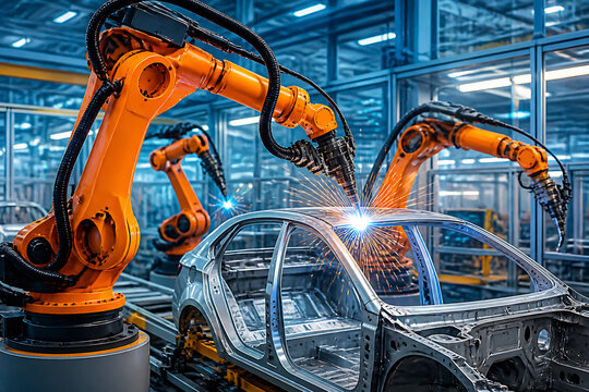 Robotic arms are welding the chassis of a car inside an automated manufacturing plant.