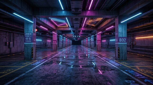 Neon lights illuminate a vast, concrete parking garage. Rain reflects the vibrant colors on the wet asphalt.