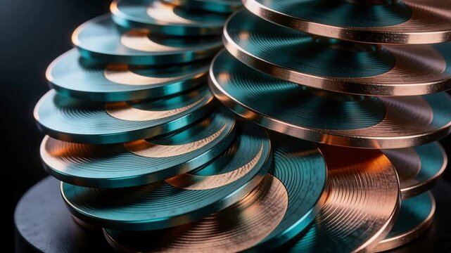 Starting loop moving metal discs tilting and cascading on matte base, showing grooves, teal tones