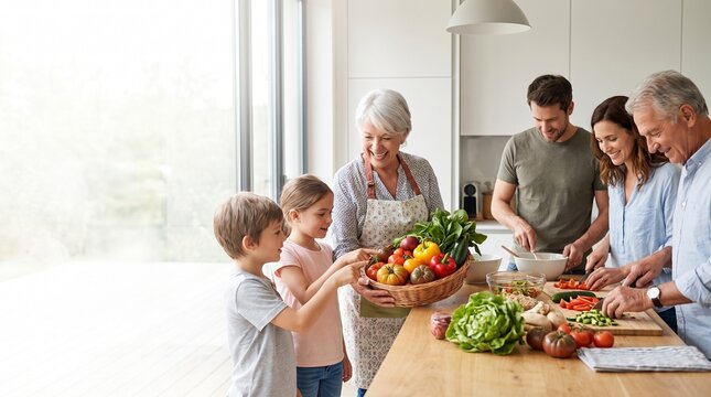 Multigenerational family gathering together in a bright modern kitchen preparing healthy organic meal with fresh vegetables and smiling cheerfully