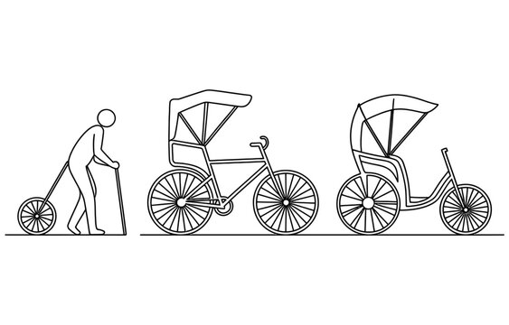 Black and white line drawing of a person walking with a wheel and two types of traditional cycle rickshaws with canopy covers