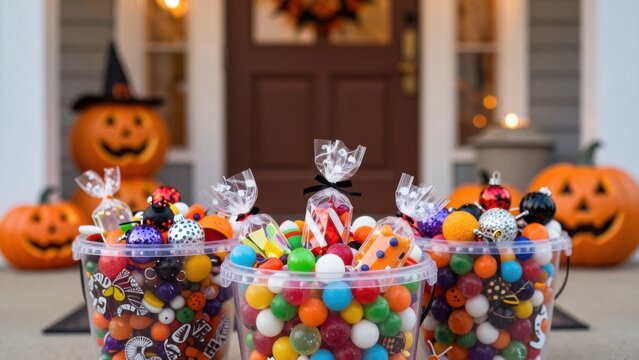 Trick or treat concept featuring overflowing candy buckets arranged on a Halloween decorated doorstep
