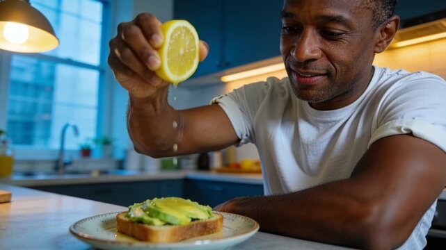 Reaching man in white T-shirt squeezing halved lemon over avocado toast at counter for flavor
