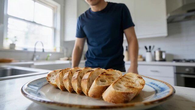 Noticing uneven baguette slices on plate in kitchen, man in navy tee leaning, arranging for serving
