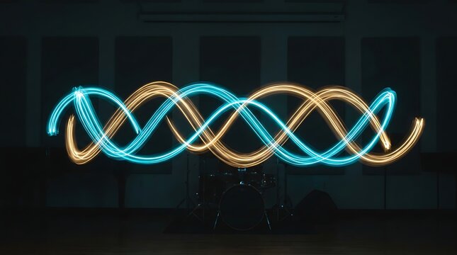 Double helix sine wave light trails glowing in blue and gold representing audio frequency, sound waves, and science concepts