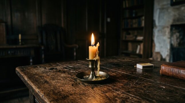 Candle lighting concept featuring a single candle casting flickering shadows across an old wooden table in a dim interior