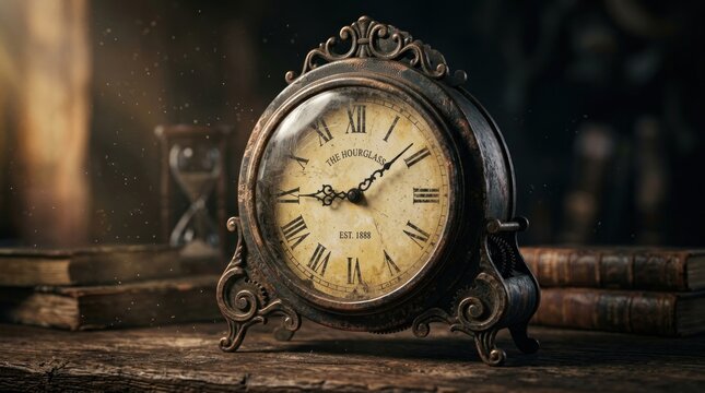 An antique clock sits on a weathered wooden surface, surrounded by stacks of old books. Dust motes dance in the dim light, creating a sense of timelessness and mystery.