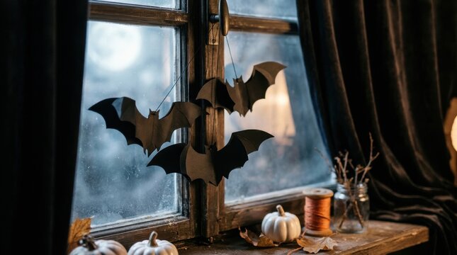 Halloween crafts concept featuring black paper bats fluttering beside a haunted window decorated with seasonal ornaments