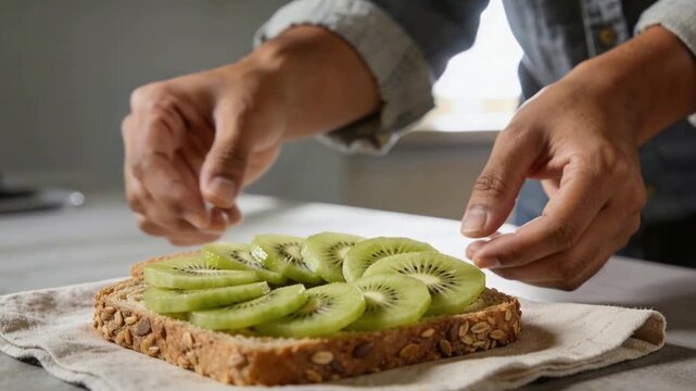 With seeded bread topped, hands placing kiwi slices on kitchen cloth, denim shirt creating fan