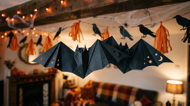 Halloween crafts concept featuring handmade paper bats hanging from invisible threads beneath a decorated ceiling