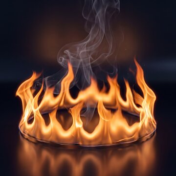 Ring of fire burning on a dark reflective surface, dramatic circle of flames with rising smoke, hot orange fire ring for background design