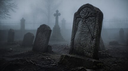 Fototapeta premium Haunted graveyard concept featuring crooked tombstones emerging from dense fog in an abandoned cemetery