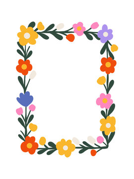 Cute hand-drawn floral frame with colorful spring flowers and green leaves isolated on white background. Flat vector rectangular border template for invitation, greeting card, or photo frame.