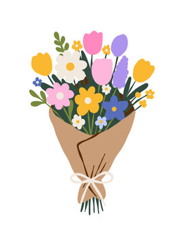 Colorful spring flower bouquet wrapped in craft paper isolated on white background. Flat vector illustration of blooming flowers with tulips and daisies for Mother's Day, greeting card, or invitation.