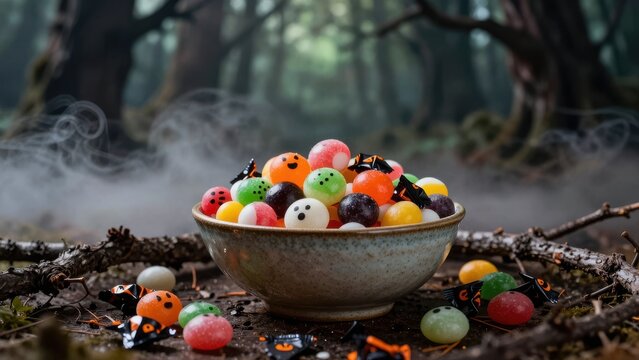 Halloween still life concept featuring a ceramic bowl filled with colorful Halloween candy surrounded by branches from an eerie forest