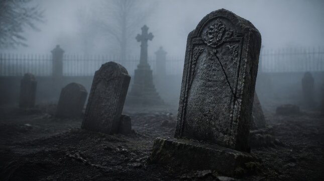 Haunted graveyard concept featuring crooked tombstones emerging from dense fog in an abandoned cemetery
