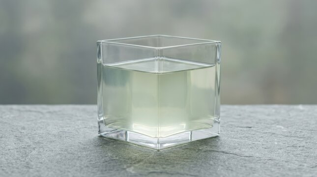 Minimal square glass cube containing a pale translucent liquid on a gray stone surface, clean product or material photography, soft gray and faint green palette, crisp edges, subtle reflection, modern