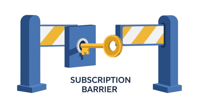 Subscription Barrier Concept Illustration with Golden Key Unlocking a Gate; Business Metaphor for Paywalls, Membership Access, and Premium Digital Content Restriction.