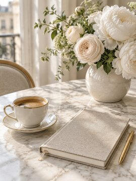 Morning Coffee and a Notebook on a Table With Flowers in a Bright Room