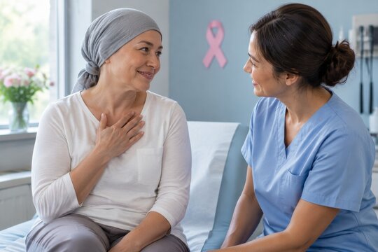 Woman With Headscarf Talks to Healthcare Worker in Hospital Room