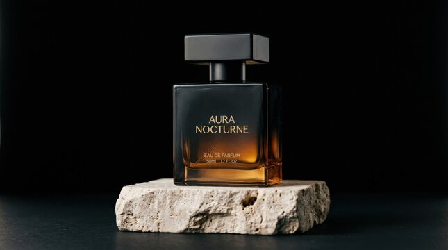 Dark rectangular bottle with warm amber lower section placed on a rough pale stone base, black background, luxury fragrance product photography, controlled rim light, deep shadows, refined minimalist
