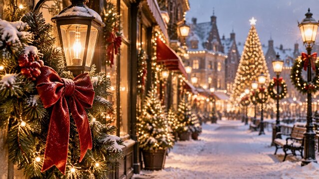 Winter Holiday Scene on a Snowy Street With Lights and Decorations