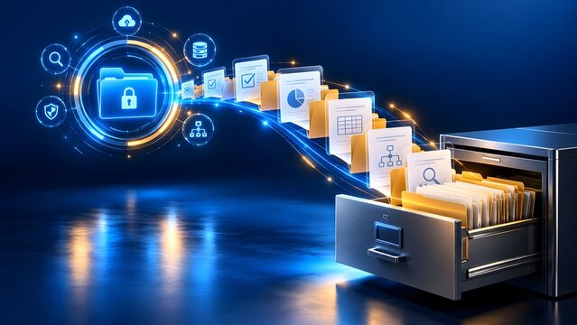Secure digital archiving concept with holographic folders flowing into a physical metal file cabinet