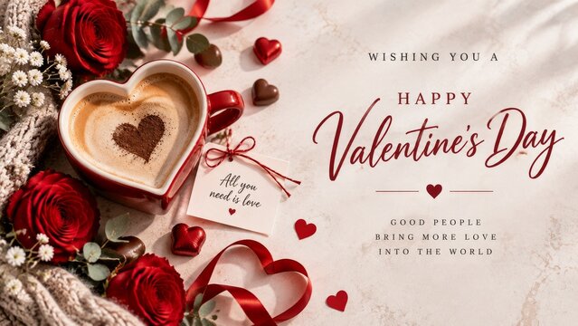 Wishing You a Happy Valentines Day With Coffee and Roses in a Cozy Setting