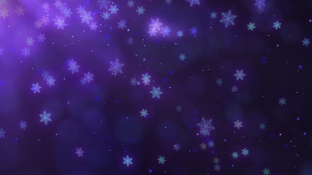 紫の幻想的な光の中を舞い落ちる雪の結晶とパーティクルのループ背景動画 / Looping background video of snowflakes and particles drifting down amidst ethereal purple light