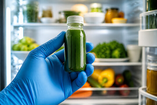 A hand wearing a blue glove holds a bottle of green liquid in a brightly lit kitchen with fresh produce visible in the background.