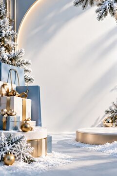 Winter Setting With Gifts and Decorations Near a Blank Wall