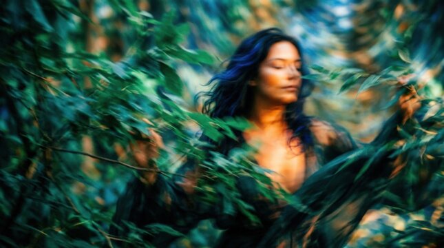 Abstract portrait of a woman glimpsed through waving foliage, dreamy fashion photography with heavy motion blur, teal and emerald shadows, glowing orange skin, cobalt blue highlights, soft streaked