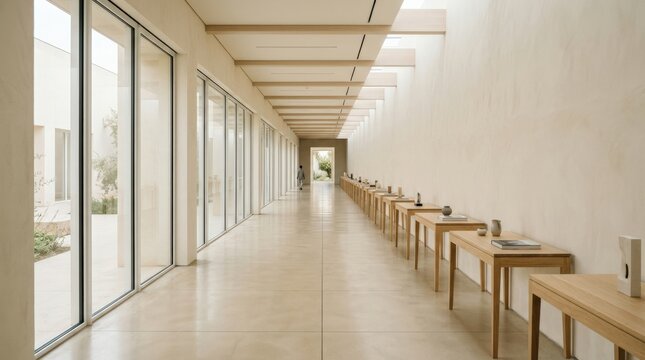 Long bright minimalist hallway with repeated pale wood tables or benches aligned toward a distant vanishing point, architectural interior photography, cream and beige palette, abundant daylight, calm