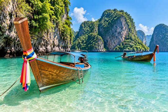 Boats Anchored in Clear Water Near Tropical Islands on a Sunny Day