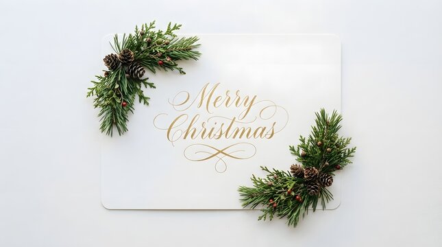 Merry christmas golden calligraphy on white card with pine and cone corner decorations isolated on white background