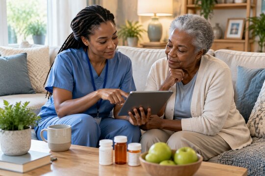 Nurse Assists Older Woman With Tablet in Living Room During Day