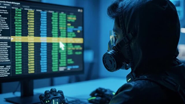 Person wearing tactical gas mask uses computer workstation during cyberspace breach. Mysterious individual sits before illuminated screen showing streaming code inside moody dark office.