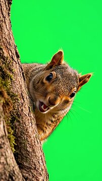 Dolly shot zooming in on a fox squirrel peeking out from behind a tree on a green screen, capturing its curiosity, charm, and playful personality in a vibrant setting