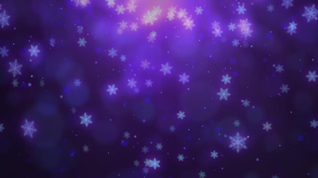 紫の幻想的な光の中を舞い落ちる雪の結晶とパーティクルのループ背景動画 / Looping background video of snowflakes and particles drifting down amidst ethereal purple light