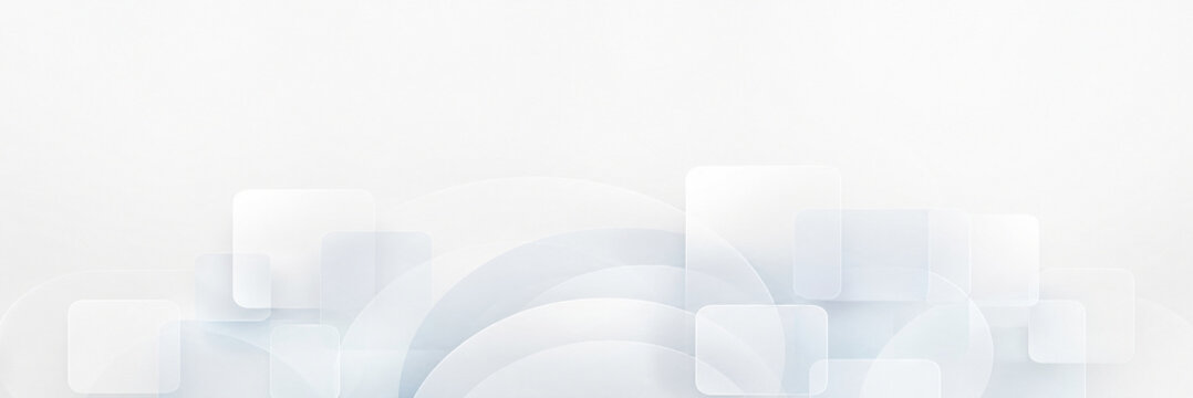 Minimalist white abstract background with soft geometric squares and circular curves, clean corporate technology backdrop featuring light grey shapes, modern professional presentation design.