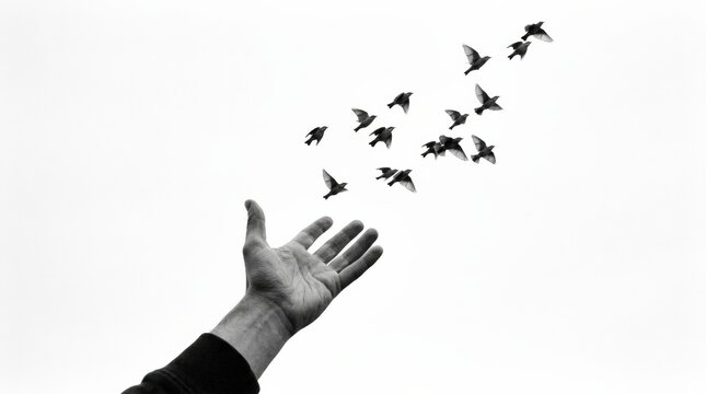 Black-and-white image of birds flying above an outstretched human hand, conceptual fine-art photography, high-key sky, graceful motion, freedom and release theme.