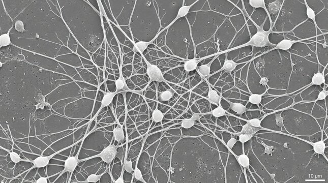 Microscopic network of white branching filaments with rounded cell nodes on a gray field, scientific macro visualization, soft translucency, high-detail organic structure, biomedical technology