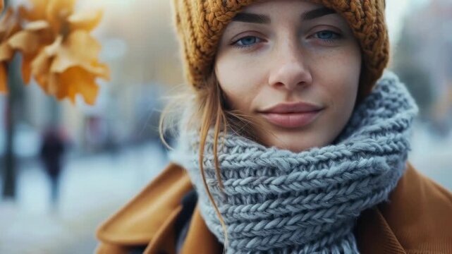 Close-up portrait of a smiling woman with freckles wearing a knit scarf and beanie