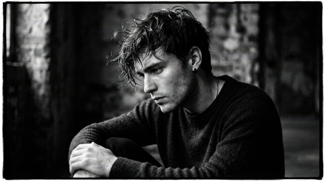 Moody black-and-white portrait of a young man with tousled wet-looking dark hair, high-contrast fashion photography, deep blacks and luminous skin, intense downward gaze, soft side light, grainy