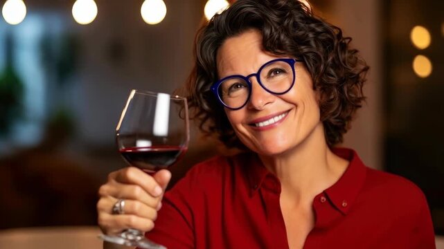 Smiling woman with curly hair and blue glasses holding a glass of red wine