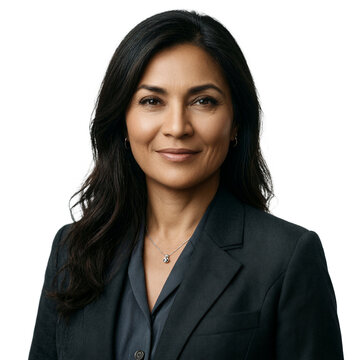 Medical officer portrait Hispanic woman isolated on a transparent background wearing a charcoal suit for professional corporate branding