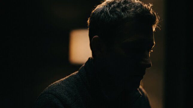 Shadowy close-up of a face barely visible against black, low-key portrait photography, subtle warm highlights, deep contrast, mysterious emotional atmosphere, cinematic fine-art aesthetic and strong