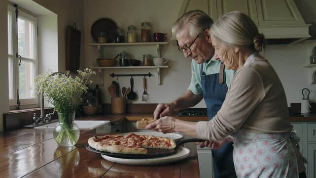 Placing pizza on turntable in kitchen, couple in aprons cutting slices to serve with metal spatula