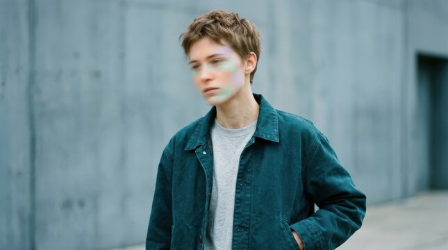 Androgynous young person in a dark teal jacket and light shirt, face softened into peach and pale-green blur against a muted blue-gray background, contemporary experimental fashion photography and