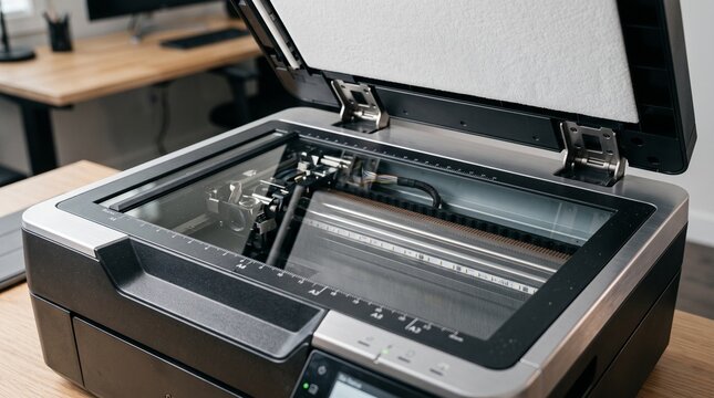 Open flatbed office scanner sitting on a wooden desk for digitizing paper documents.